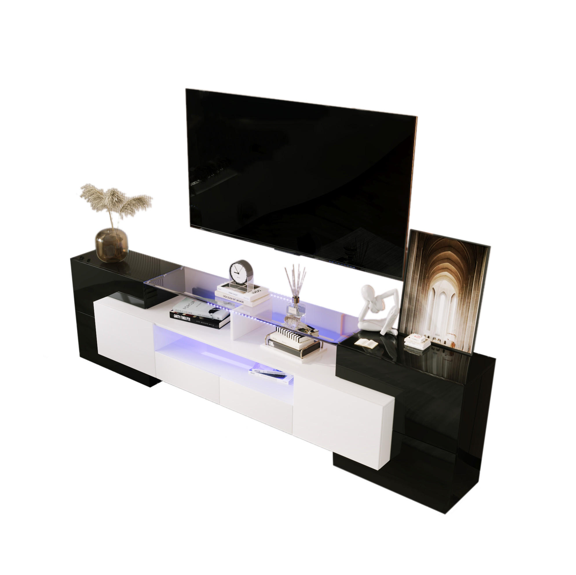 Redom TV stolek 200/35/60 cm s LED osvětlením, vysoký lesk, skleněná plocha a úložný prostor, Černá a bílá