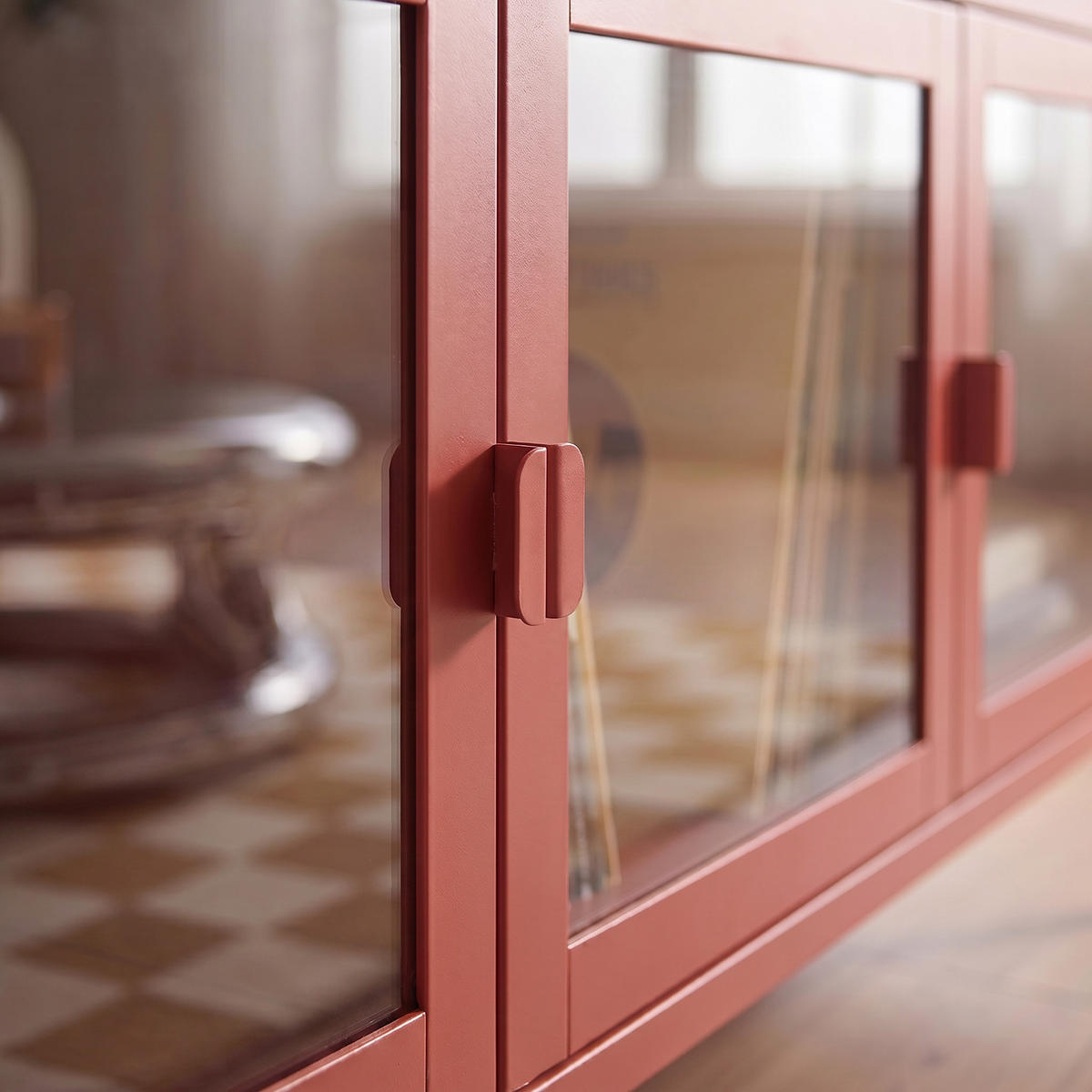 TV-STÄNDER Metall industriell EZRA, 130 cm, 3 Türen, Terrakotta und Sicherheitsglas - Terracotta, Metall (130/55/40cm) - Sicaan