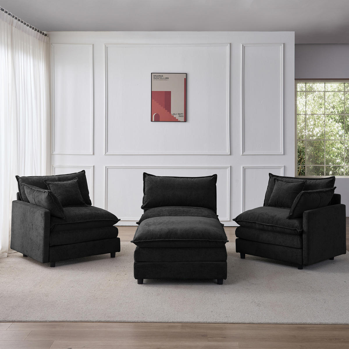 ECKSOFA L-Form 3-Sitzer mit Hocker Chenille Schwarz - Schwarz, Holz (154/267cm) - Meubliv