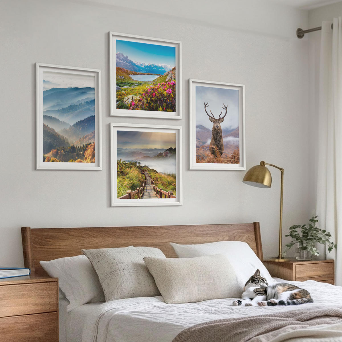WANDBILDER 4er-Set - 50x50 cm & 40x60 cm Weißer Rahmen - Berglandschaft, See, Hirsche - Weiß, Kunststoff (50/50cm) - ArtPrintCave
