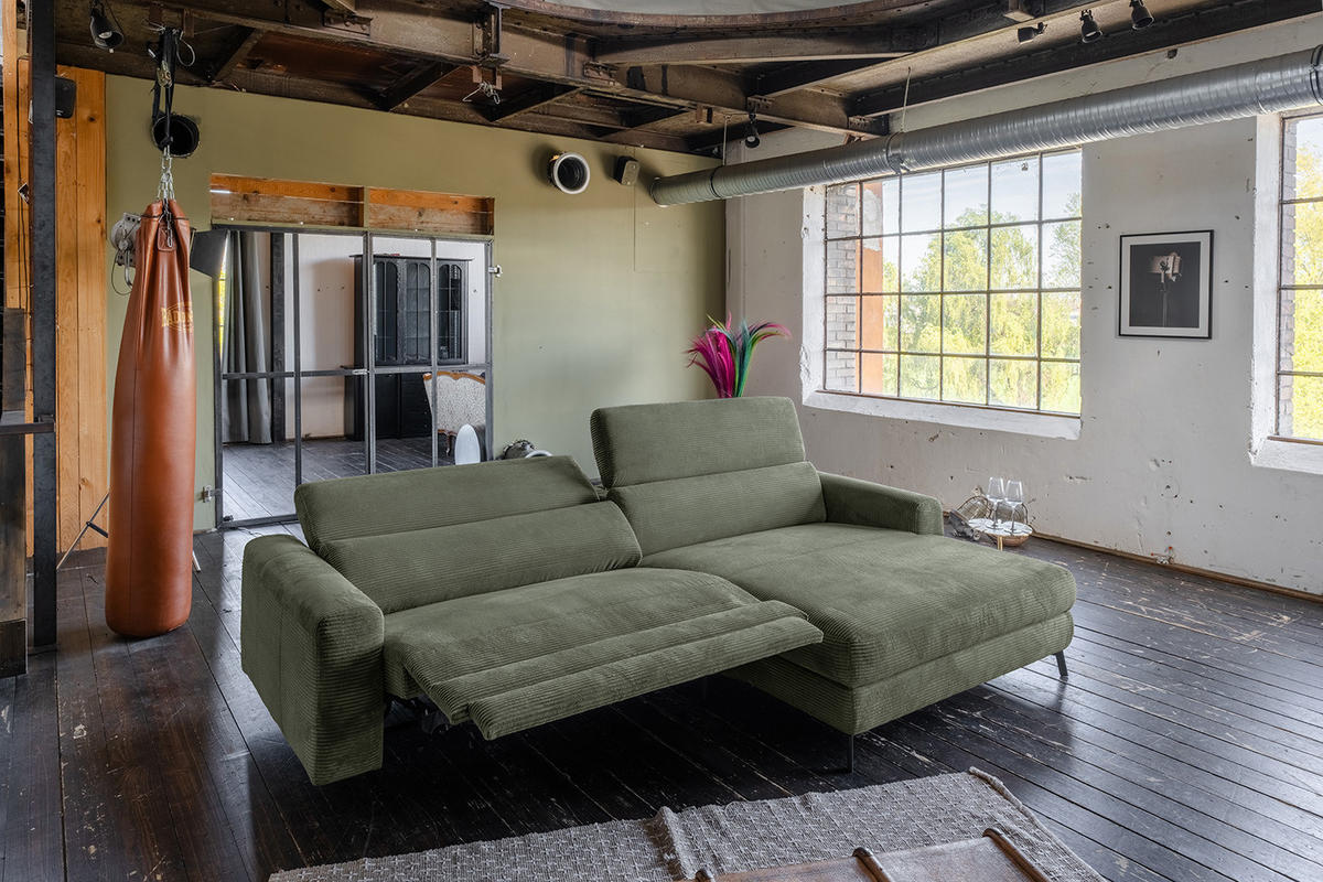 ECKSOFA LAISKA Grün Cord Relaxfunktion - Schwarz/Olivgrün, Textil/Metall (282/177cm) - KAWOLA