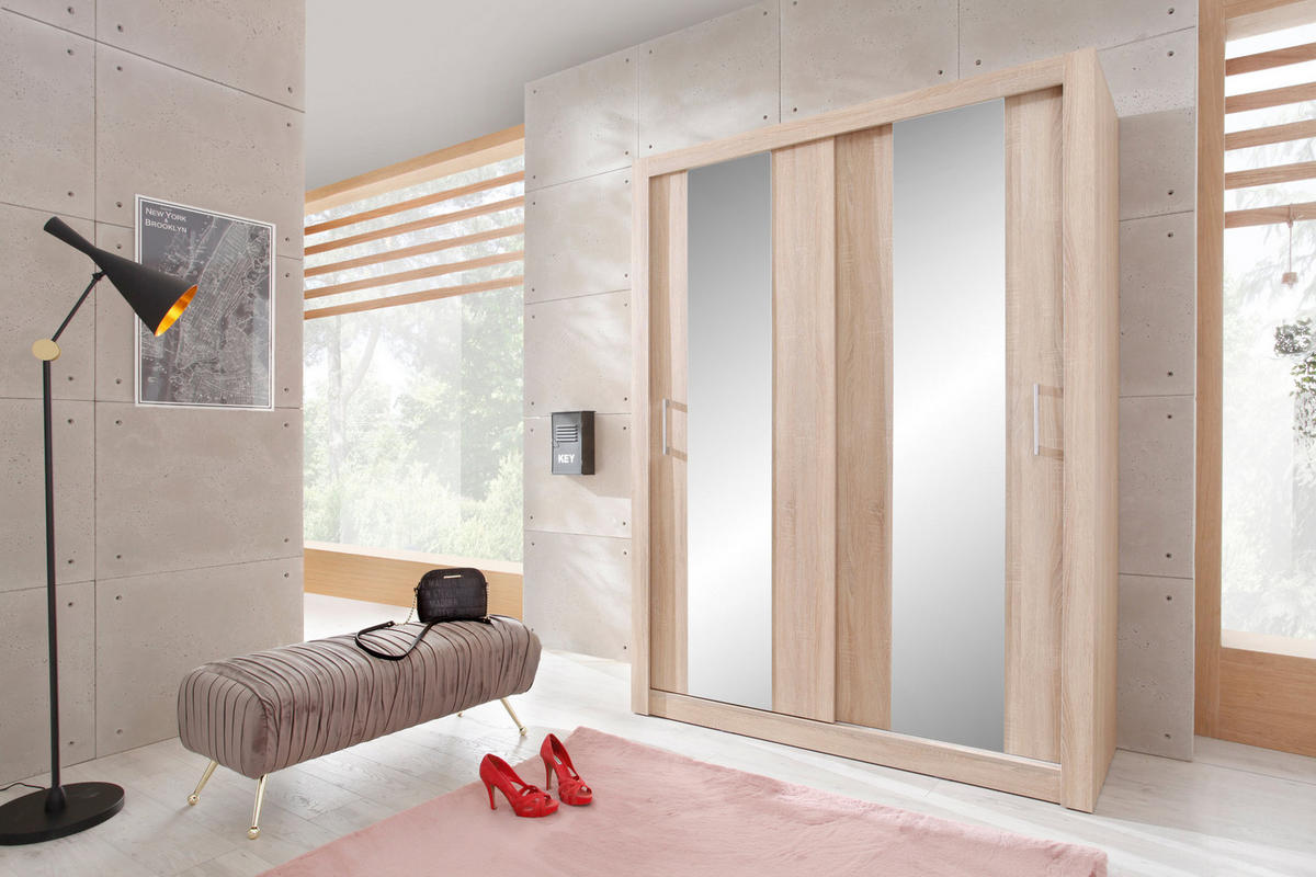 SCHWEBETÜRENSCHRANK MIRA 160/215/60cm 2-türig mit Spiegel Sonoma Eiche - Sonoma Eiche, Holzwerkstoff (160/215/60cm) - MASSENO