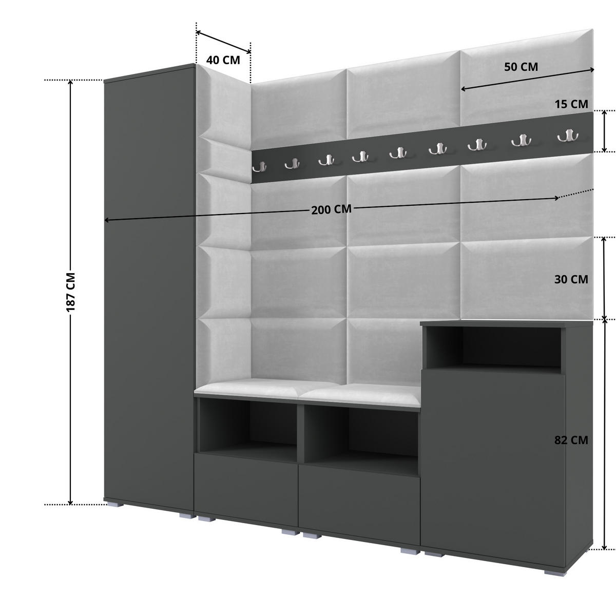 GARDEROBE NELA X 200 cm (Modulare Flurmöbel Graphit mit Sitzpolster Hellgrau 32 Schrank + Sideboard) - Silberfarben/Hellgrau, Holz/Holzwerkstoff (200/187/40cm) - Ravio
