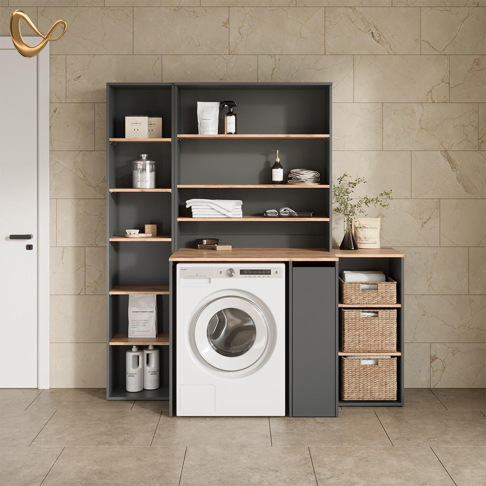 WASCHMASCHINENSCHRANK Paolina Anthrazit/Goldkraft Eiche 93.6 x 88.2 cm mit Fächern und Tür - Anthrazit/Eiche Wotan, Holzwerkstoff (93.6/88.2/60.3cm) - Livinity®