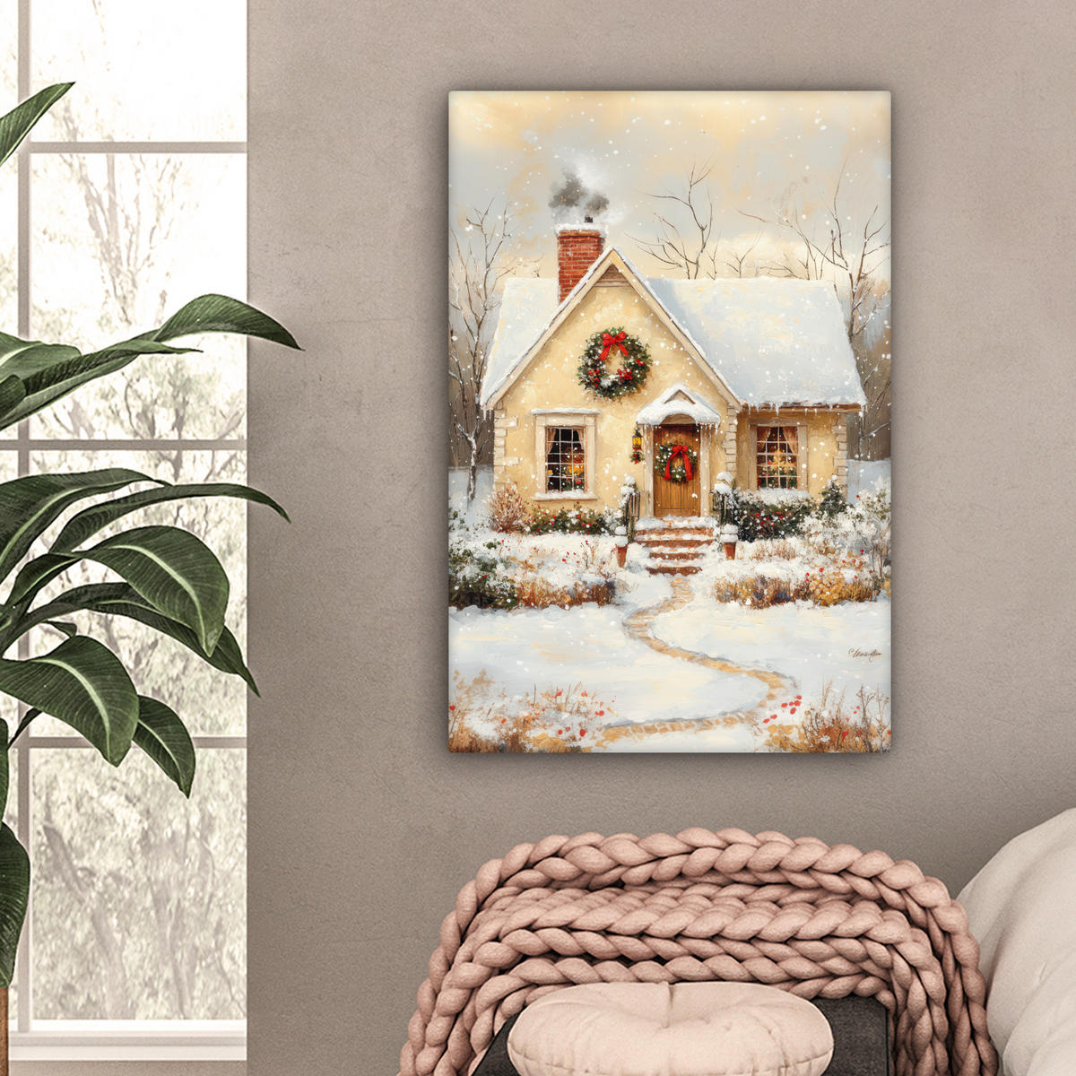 LEINWANDBILD Weihnachten - Zuhause - Winter - Schnee Wanddeko Schlafzimmer 60x90 cm - Creme, Textil (60/90cm) - MuchoWow