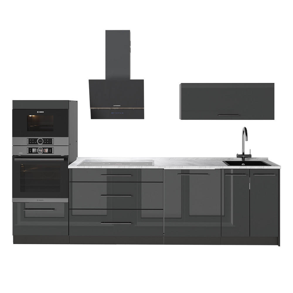 KÜCHENZEILE Fame-Line, Anthrazit Hochglanz/Anthrazit, 280 cm, AP Marmor - Schwarz Hochglanz/Anthrazit, Holzwerkstoff (280/153.6/60cm) - Vicco