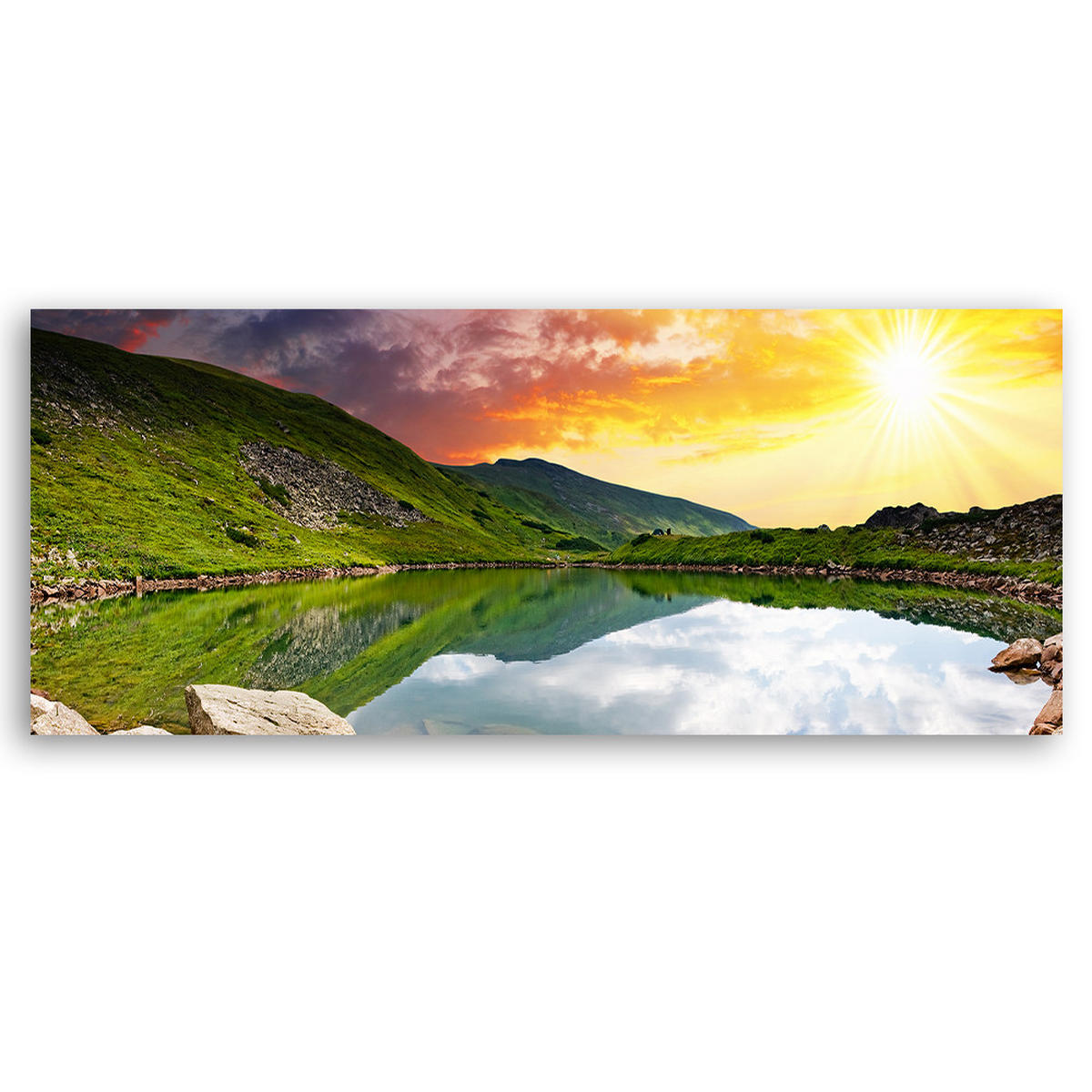 WANDBILD bergsee und sonnenuntergang - Grün, Textil (90/30cm) - Feeby