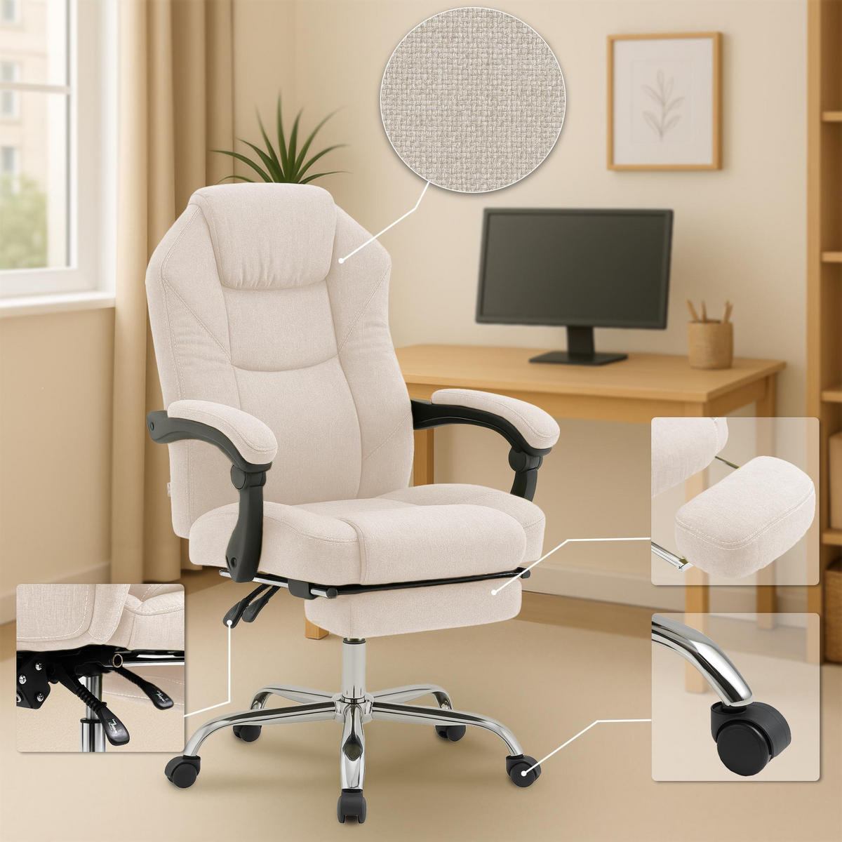 CHEFSESSEL Stoff Creme - Chromfarben/Creme, Textil/Metall (67/114/64cm) - CLP