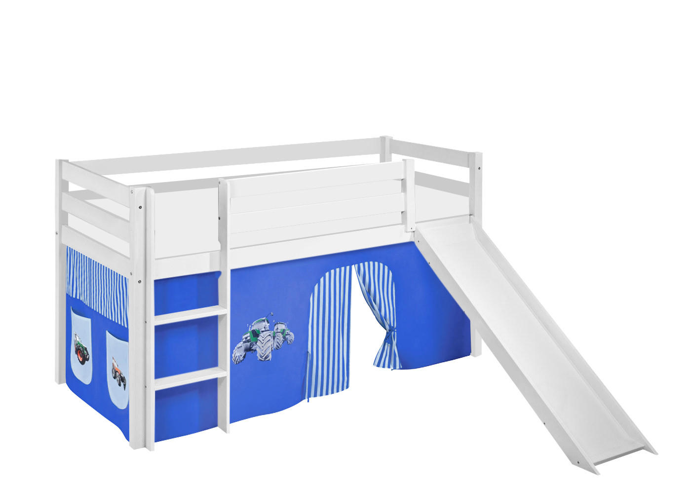 SPIELBETT JELLE Trecker Blau - Hochbett - mit Rutsche und Vorhang - Weiß, Holz - Lilokids