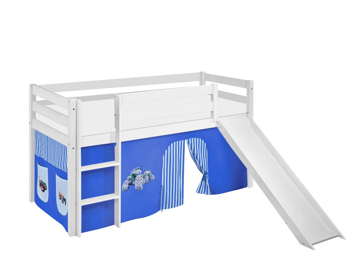 SPIELBETT JELLE Trecker Blau - Hochbett - mit Rutsche und Vorhang - Weiß, Holz - Lilokids