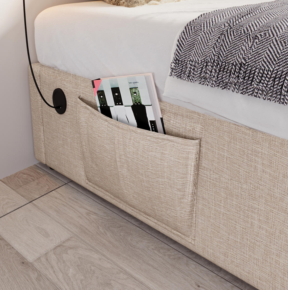 TAPECIRANI krevet 90/190 cm prirodni od lana s prostorom za odlaganje i USB/Type-C priključkom - bež, tekstil (90/190cm) - OKWISH