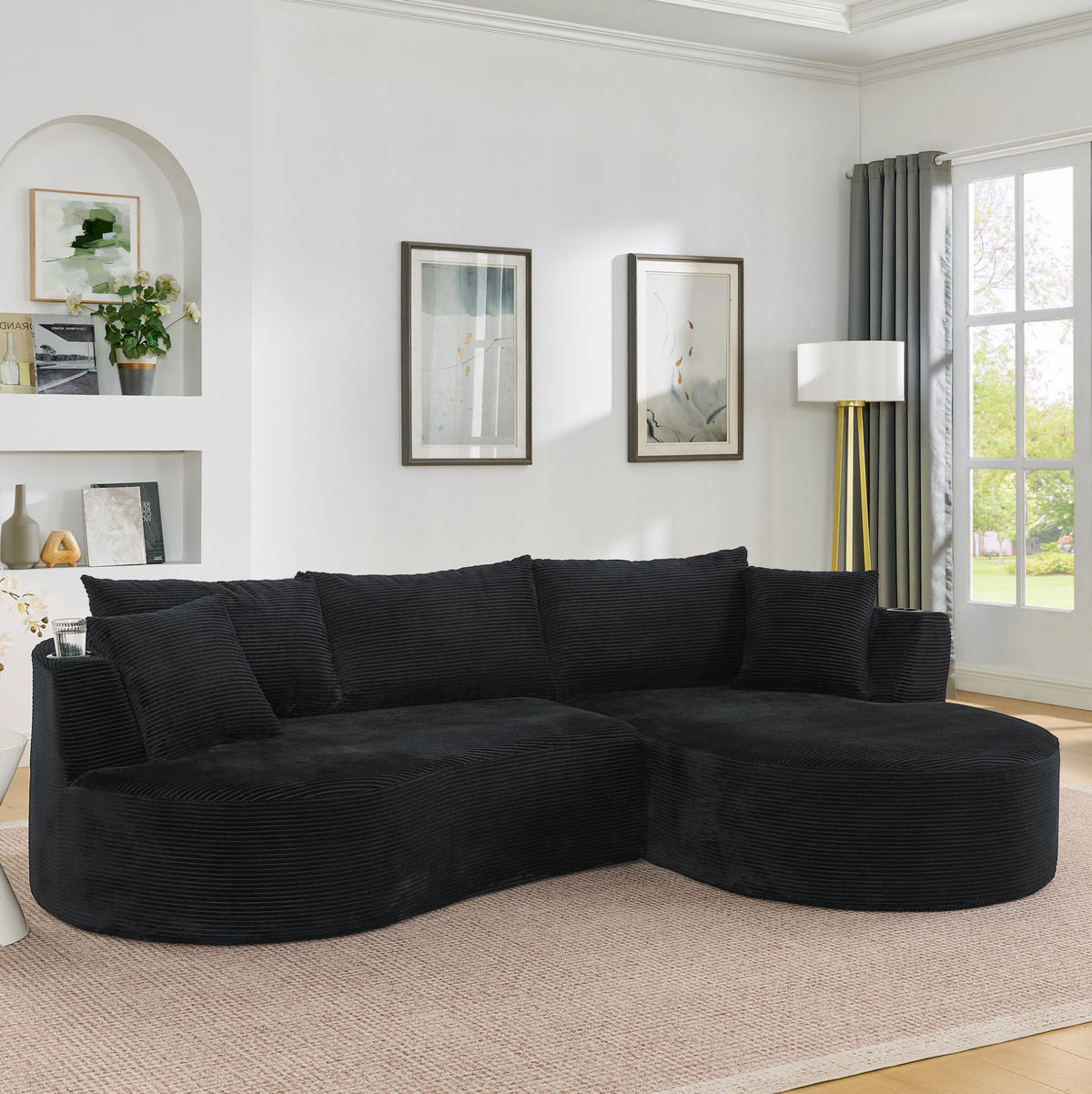 SOFA 3-Sitzer bogenförmig mit Getränkehaltern Kordstoff Schwarz - Schwarz, Textil (168/264.1cm) - Meubliv
