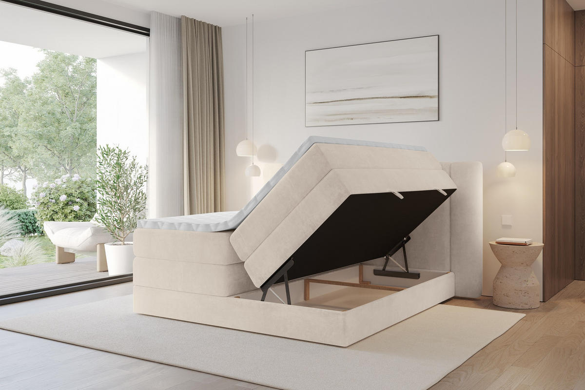BOXSPRINGBETT mit Matratze H3/H4 - EVON KING - 140x200 cm Beige - Champagner, Holzwerkstoff (140/200cm) - ALTDECOR
