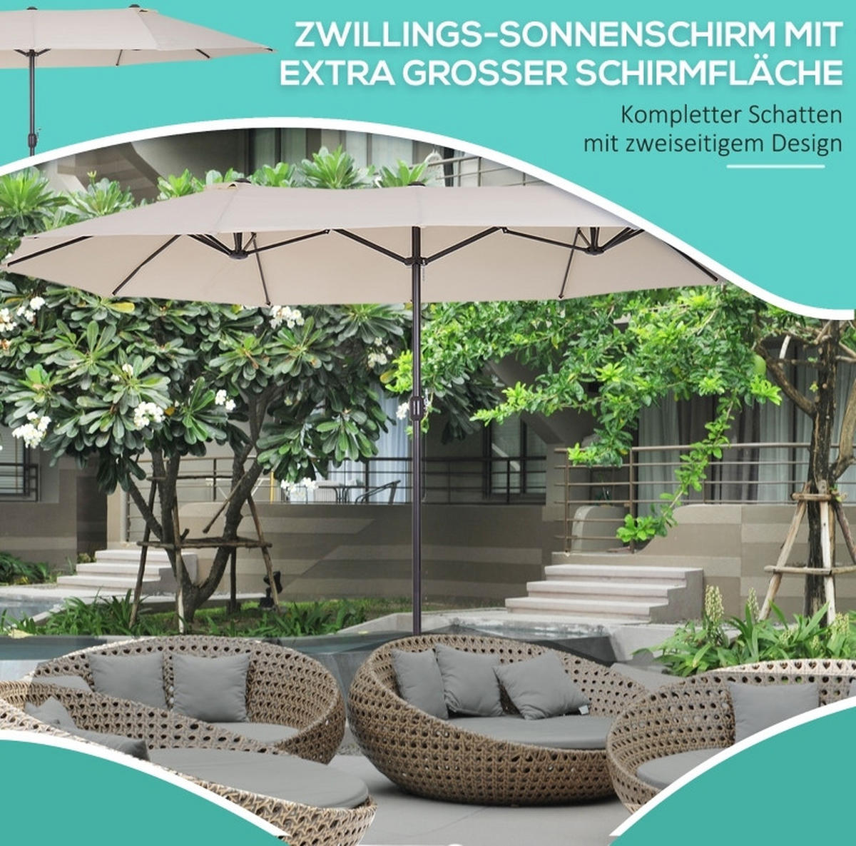 SONNENSCHIRM 455/270 cm in Beige mit Kurbel – Doppelsonnenschirm für Garten und Terrasse - Beige, Metall (265/455cm) - BEAOK