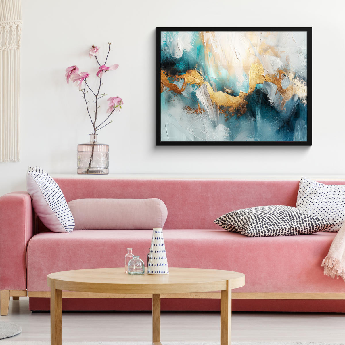 ZARÁMOVANÝ PLAGÁT Abstraktné - umenie - zlaté - modré 80x60 cm - petrolejová, papier (80/60cm) - MuchoWow