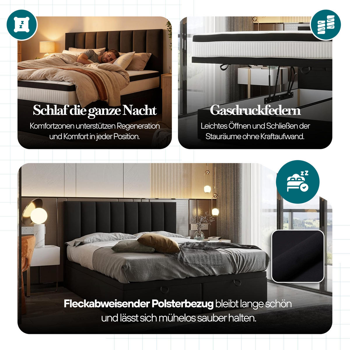 BOXSPRINGBETT BOND - Bett mit Matratze und Bettkasten - mit gestepptes Kopfteil - Schwarz - 140x200 cm - Schwarz, Textil (140/200cm) - Trada