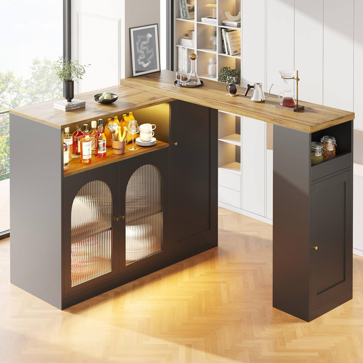 BARTISCH 198/39,6/97 cm schwarz in Holzmaserung mit 360° drehbar und LED-Beleuchtung - Schwarz, Holzwerkstoff (108/39.6/97cm) - OKWISH