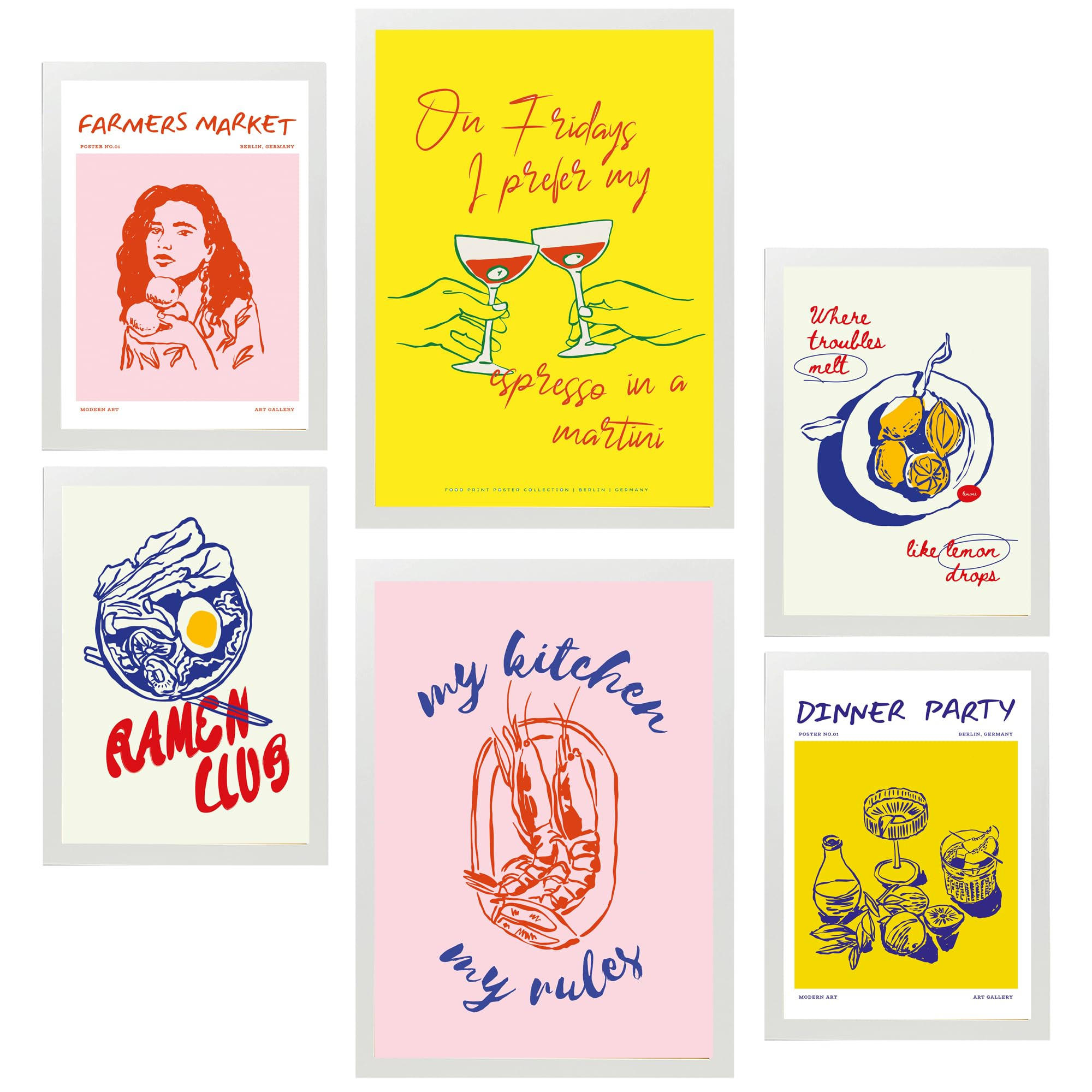 POSTER Set Mit 6 Von Lebensmitteln & Wein Im Pop Art A3 & A4 Weißer Rahmen - Weiß, Papier (29/3cm) - Nacnic