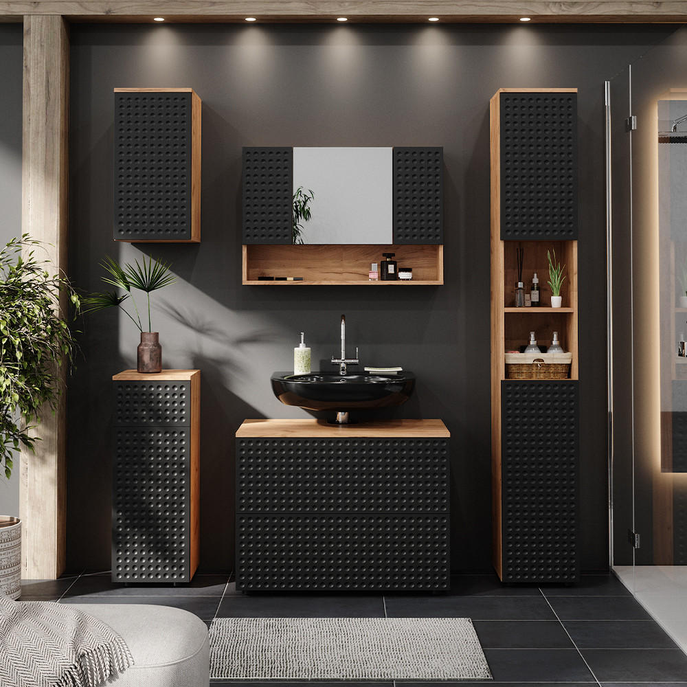 BADMÖBEL-SET Irma Anthrazit gepunktet 5 Teile - Honigeiche/Dunkelgrau, Holzwerkstoff (80/58.6/41cm) - Vicco