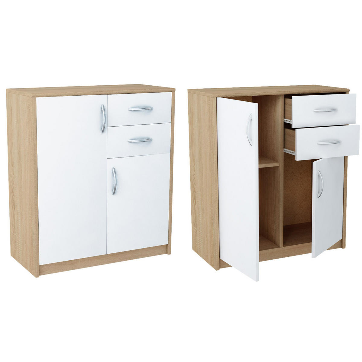 KOMMODE mit 2 Schubladen und 2 Türen - Eichefarben/Weiß, Holzwerkstoff (74/85/35cm) - Home Collective