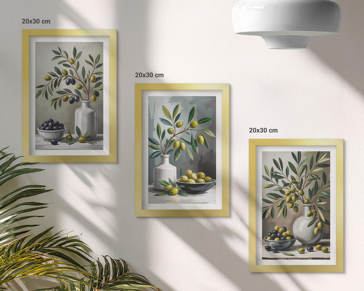 BILDER SET 3er Set - 20x30 cm Goldrahmen - Keramik olivgrau - Goldfarben, Kunststoff (20/30cm) - TULUP