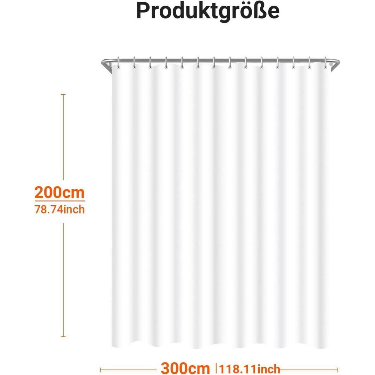 DUSCHVORHANG 300 x 200 cm Reinweiß Beschwerter Saum Wasserabweisend Waschbar Polyester - Weiß, Textil (300/200cm)