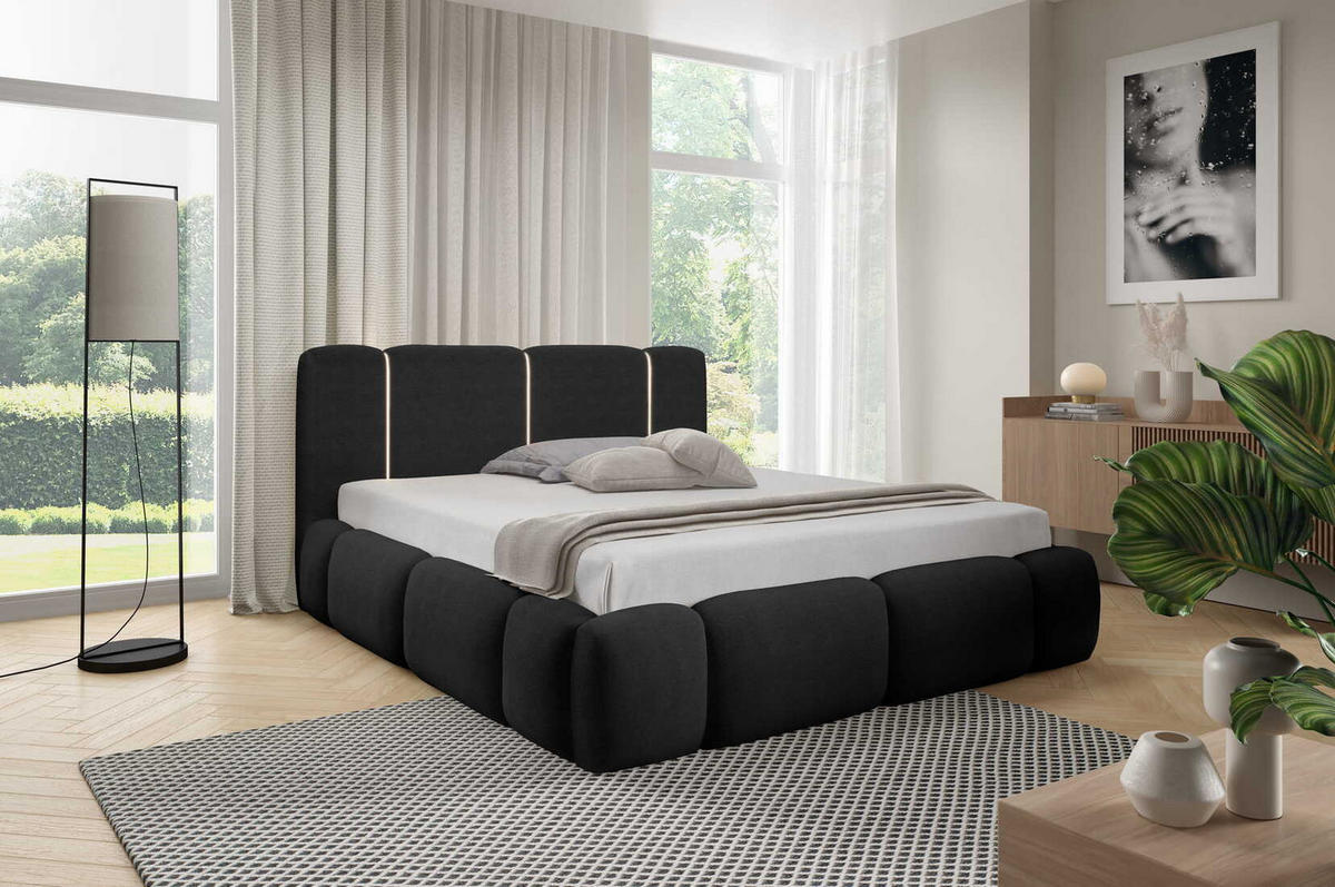 DOPPELBETT 160x200 Avelin mit Bettkasten, LED, Bouclé, Schwarz - Schwarz, Holz/Metall (160/200cm) - Emporius
