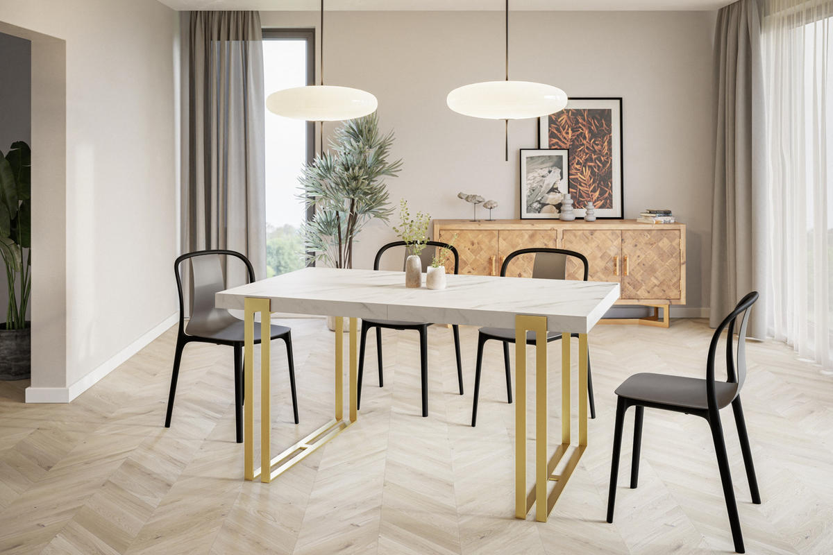 ESSZIMMERTISCH ROSA 200X90X77 cm, Farbe: MARMUR, mit Metallbeinen in Farbe Gold - Goldfarben/Hellgrau, Holzwerkstoff (200/90/77cm) - Alpi-Möbel