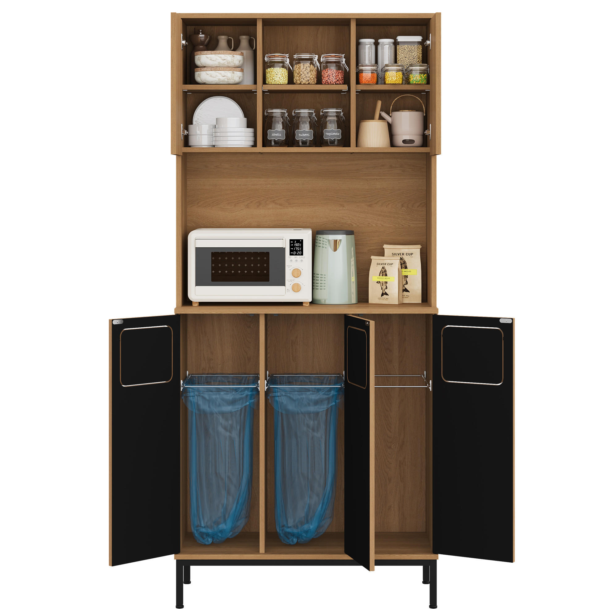 KOMFORT-BUFFET 80/35/181 cm mit 3 Türen & Mülltrennung in Eiche-Optik - Naturfarben, Holzwerkstoff (80/181/35cm) - BEAOK