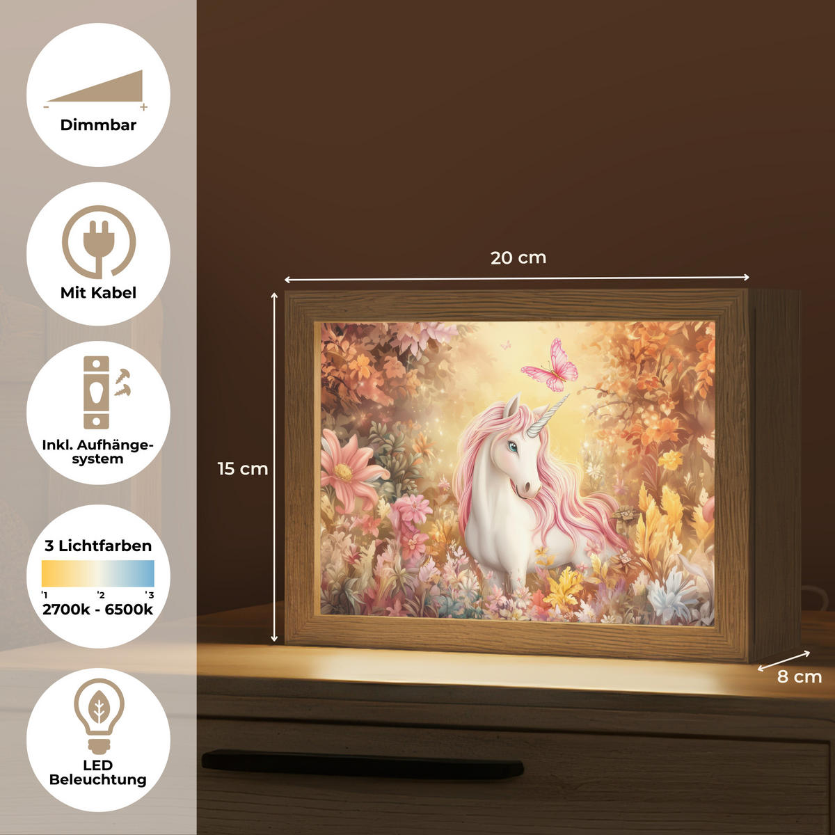 NACHTTISCHLAMPE Einhorn - Blumen - Schmetterling - Rosa 20x15 cm - Beige, Holzwerkstoff (8/20/15cm)