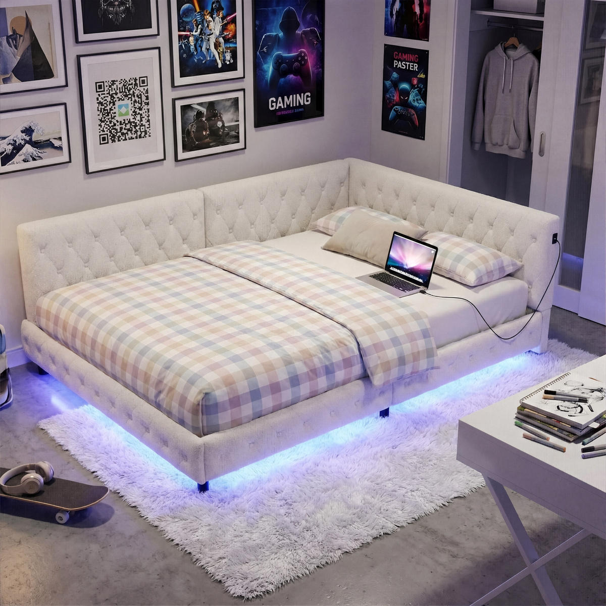 POLSTERBETT Modern 140/200 cm mit L-Eckpolsterung & LED Teddy-Plüsch Beige - Beige, Textil (140/200cm) - Creahappy