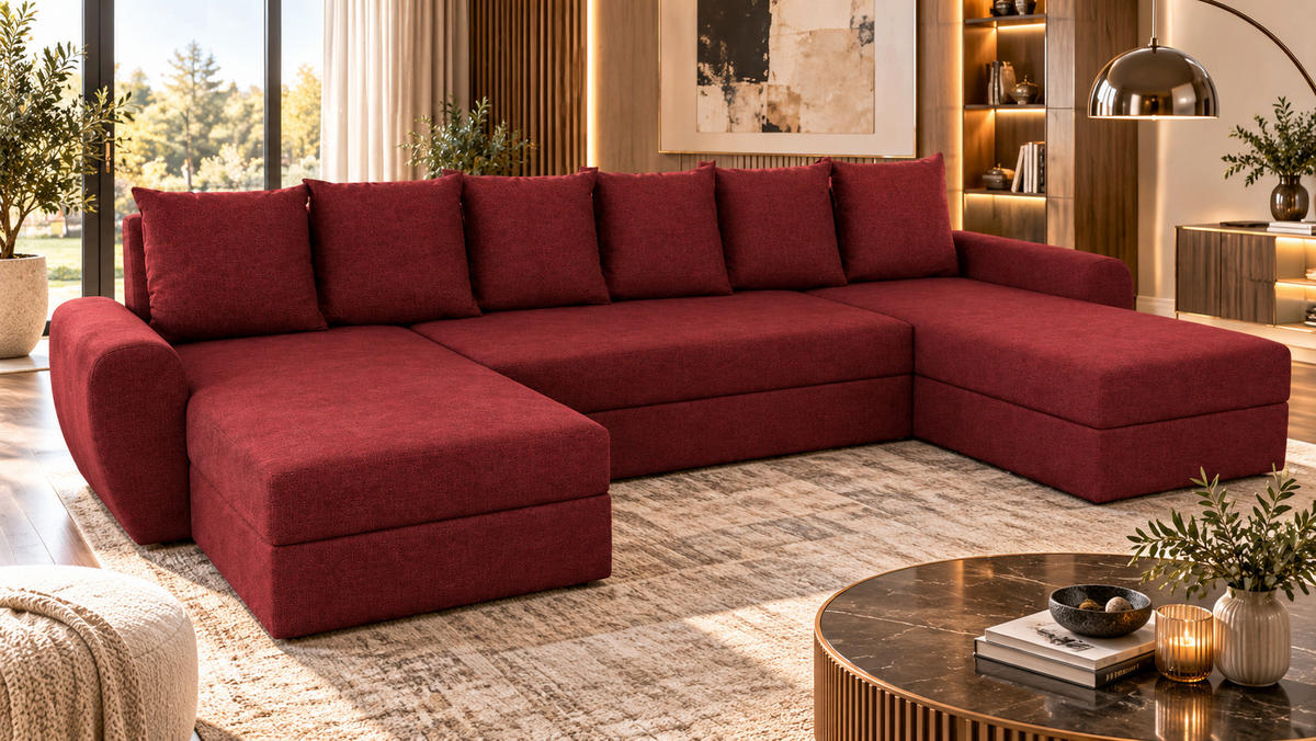 WOHNLANDSCHAFT PUMA U-Form 308 cm mit Schlaffunktion, Bettkasten, Kunstleder-Stoff oder Samt, verschiedene Farben - Rot/Schwarz, Kunststoff (308/85/140cm) - Wohnideebilder
