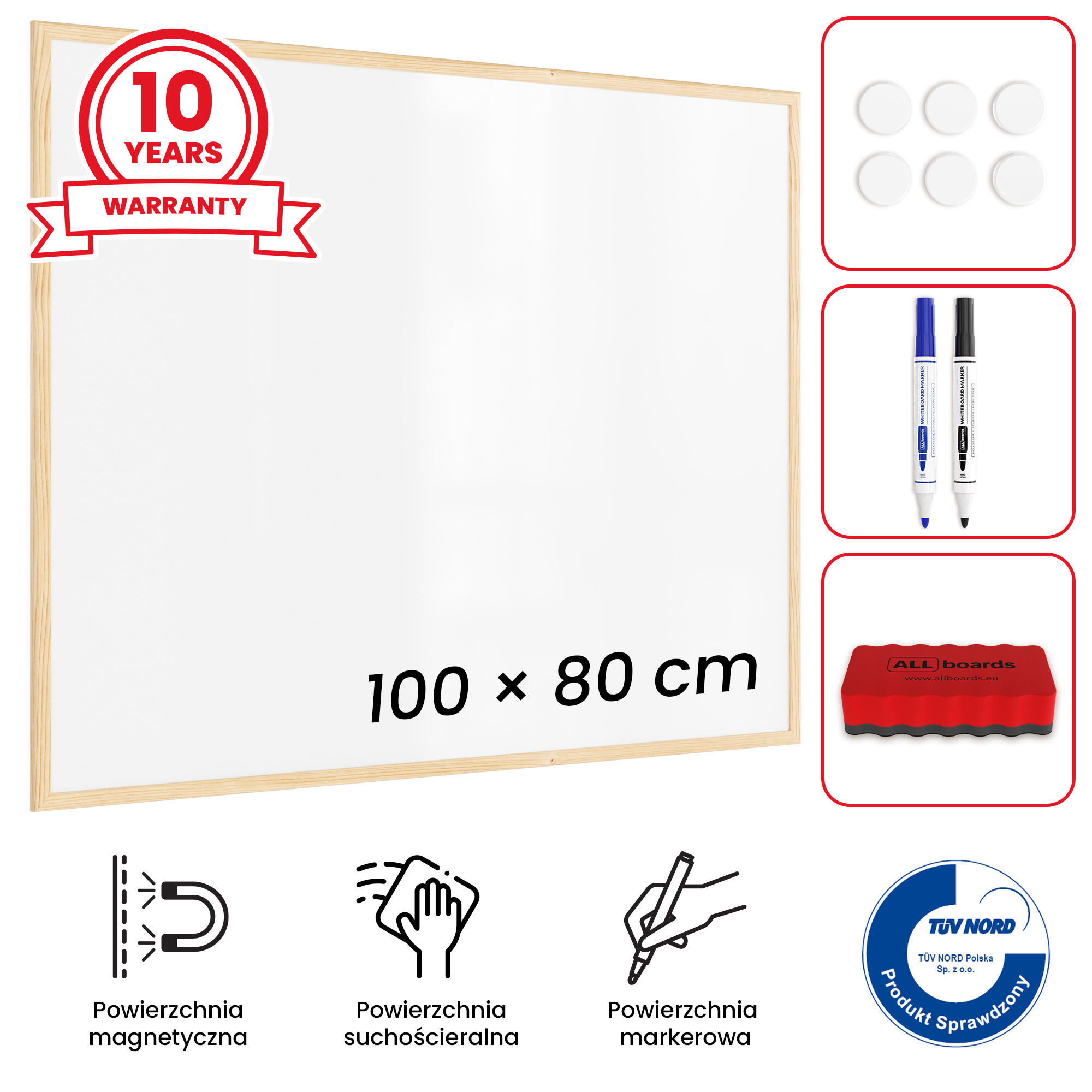 WHITEBOARD Magnetisch mit Naturholzrahmen 100x80cm - Weiß, Metall (100/80/1.5cm) - ALLboards