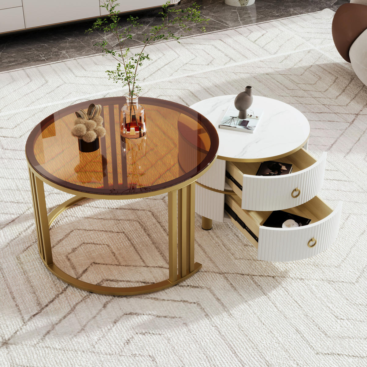 SADA konferenčních stolků 70/70/45 cm bílá z MDF a skla se 2 zásuvkami - bílá, kompozitní dřevo (70/70/45cm) - OKWISH