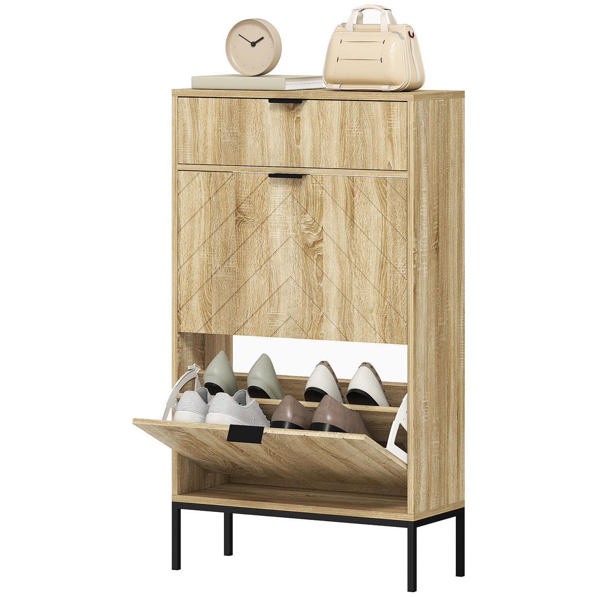 SCHUHSCHRANK DE-15035 1 Schublade und 2 Klapptüren für 8 Paar Schuhe Eiche - Eichefarben, Holzwerkstoff (60/105.5/24cm) - ComfortXL