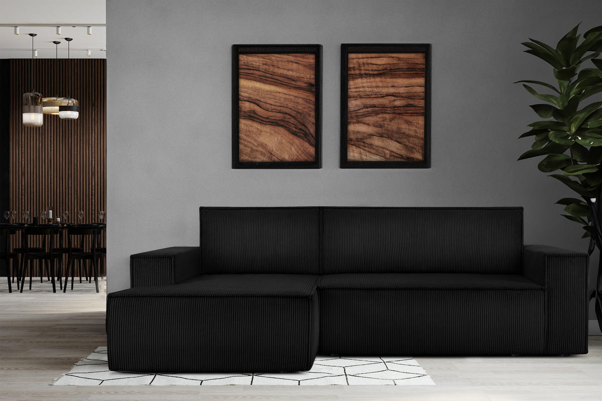 ECKSCHLAFSOFA-LINKS NAPI in Pet Friendly Cord-Stoff, schwarz - Schwarz, Textil (262/148cm) - KONSIMO®