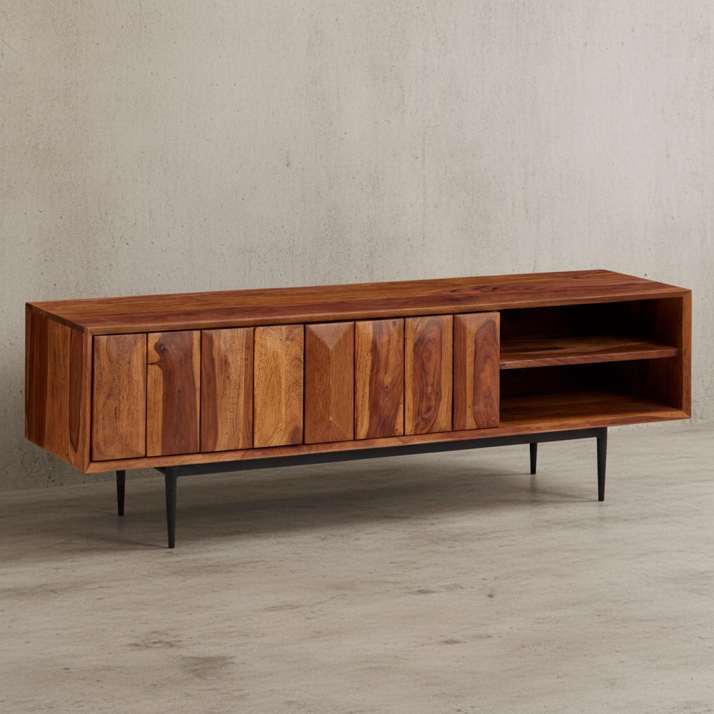 LOWBOARD Massivholz Modern Stil für 55-Zoll Fernseher Push-to-Open mit Edelstahlbeinen - Schwarz/Braun, Holz/Metall (123/42/35cm) - KADIMA DESIGN
