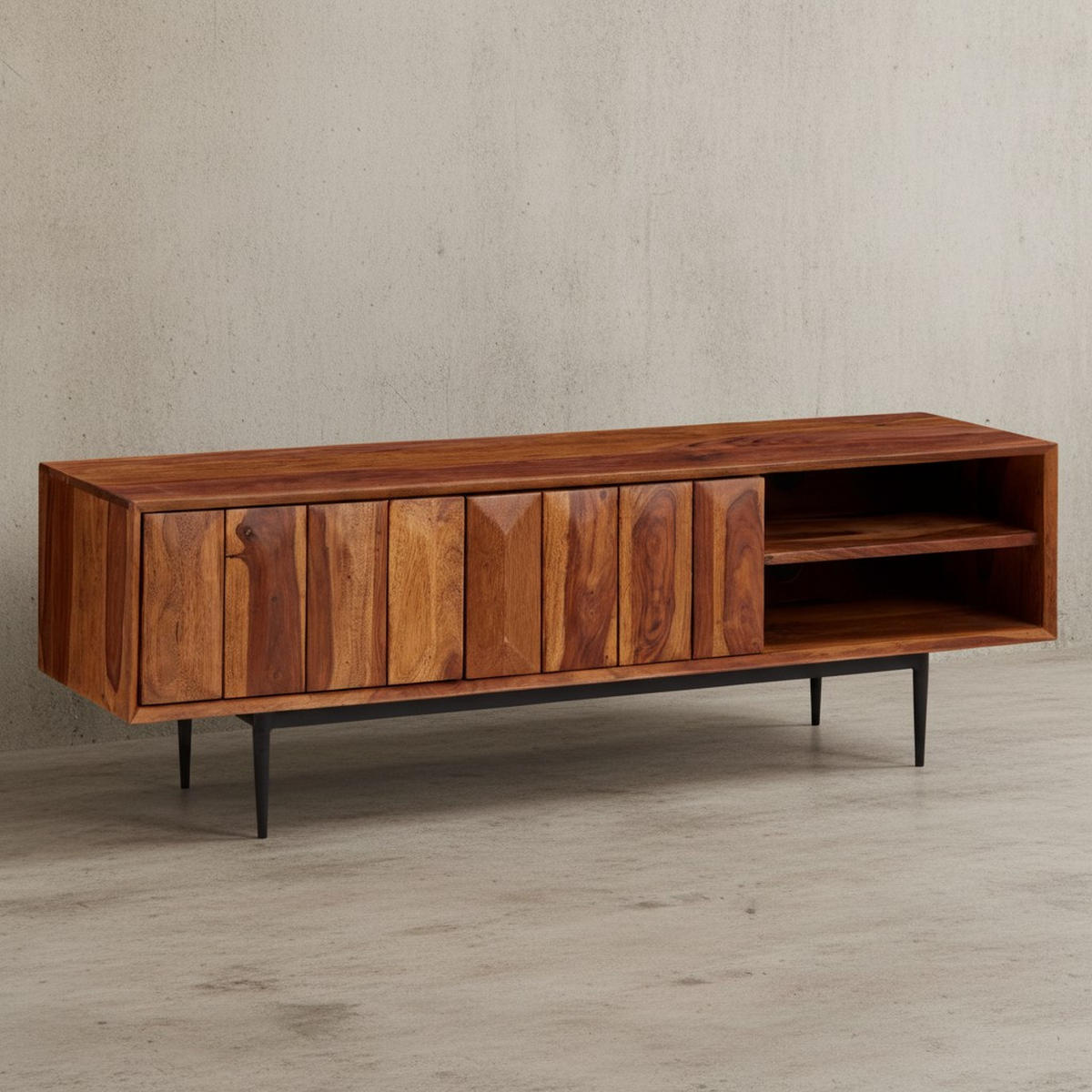 LOWBOARD Massivholz Modern Stil für 55-Zoll Fernseher Push-to-Open mit Edelstahlbeinen - Schwarz/Braun, Holz/Metall (123/42/35cm) - KADIMA DESIGN
