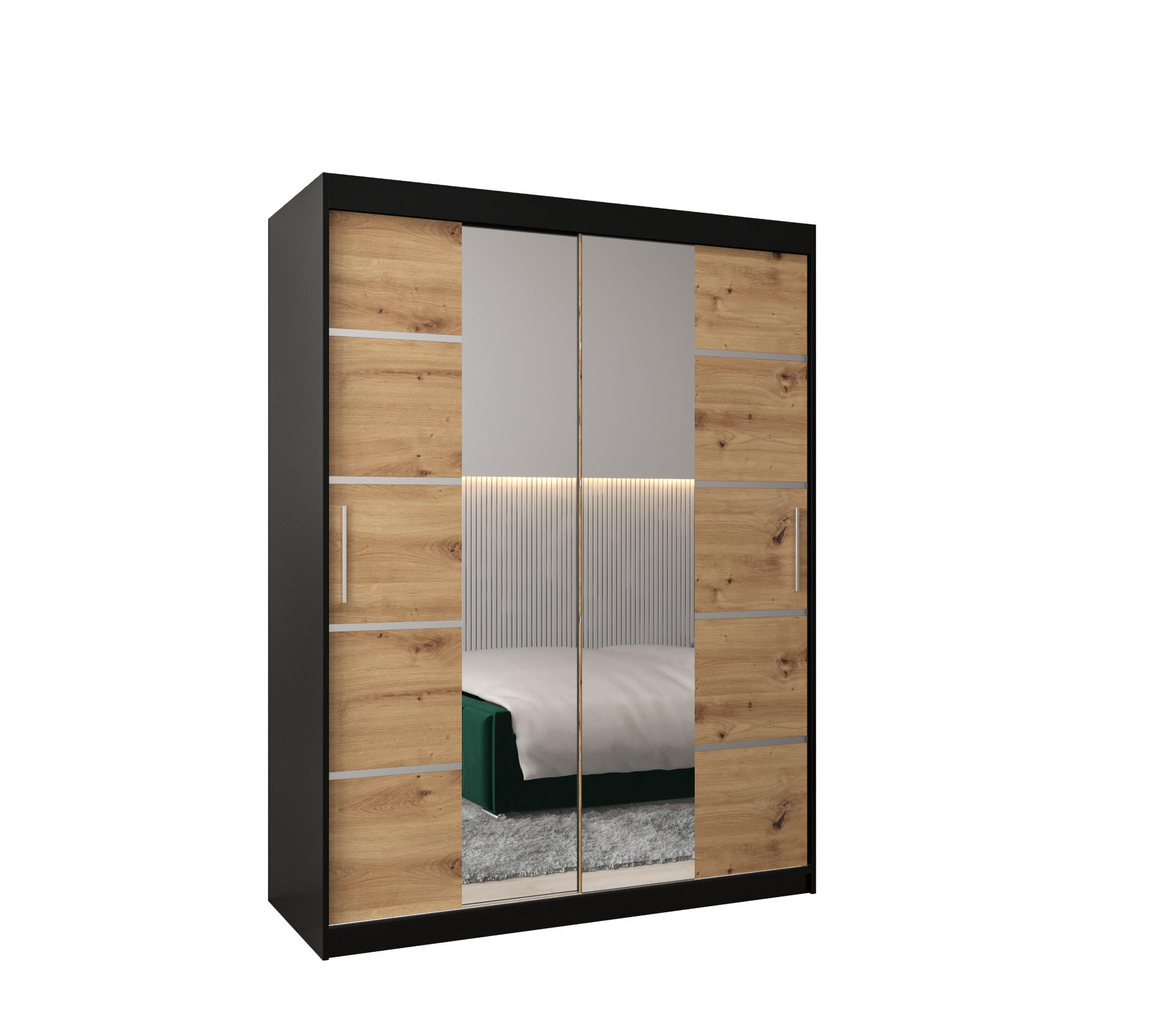 MÖBEL KRYSPOL SCHWEBETÜRENSCHRANK Schwarz, Eiche Artisan, Silber 150cm × 62cm × 200cm