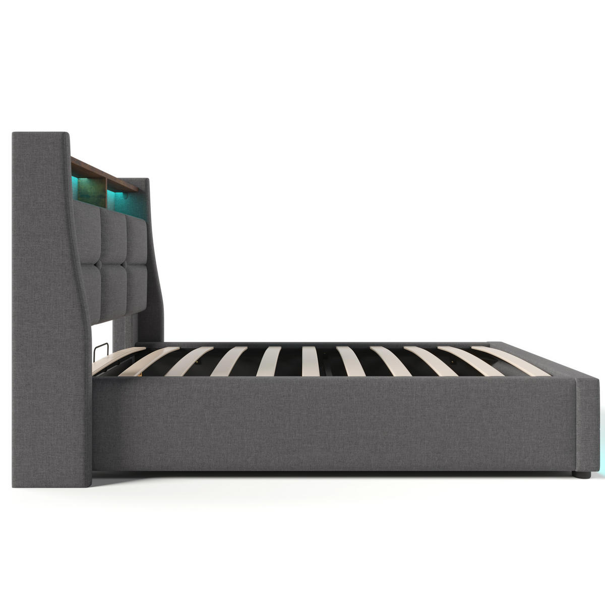 POLSTERBETT aus Leinen 90x200 cm Grau mit LED-Beleuchtung, USB-Anschluss und Bettkasten - Grau, Textil (90/200cm) - IVMEU