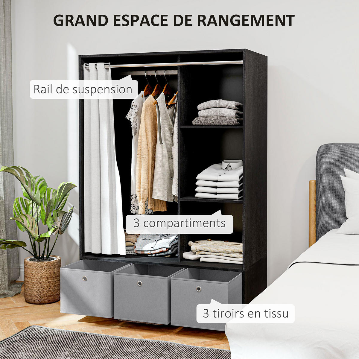 STOFFSCHRANK DE-17181 Schwarz - Schwarz, Holzwerkstoff (48/160/105cm) - ComfortXL