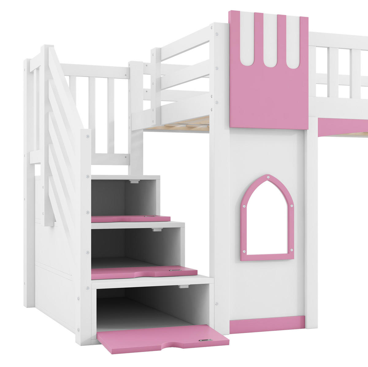HOCHBETT 90/200 cm aus MDF, Kiefer und Sperrholz mit Stauraumtreppe und Fenstern Weiß/Rosa - Weiß, Holzwerkstoff (90/200cm) - Modenvie