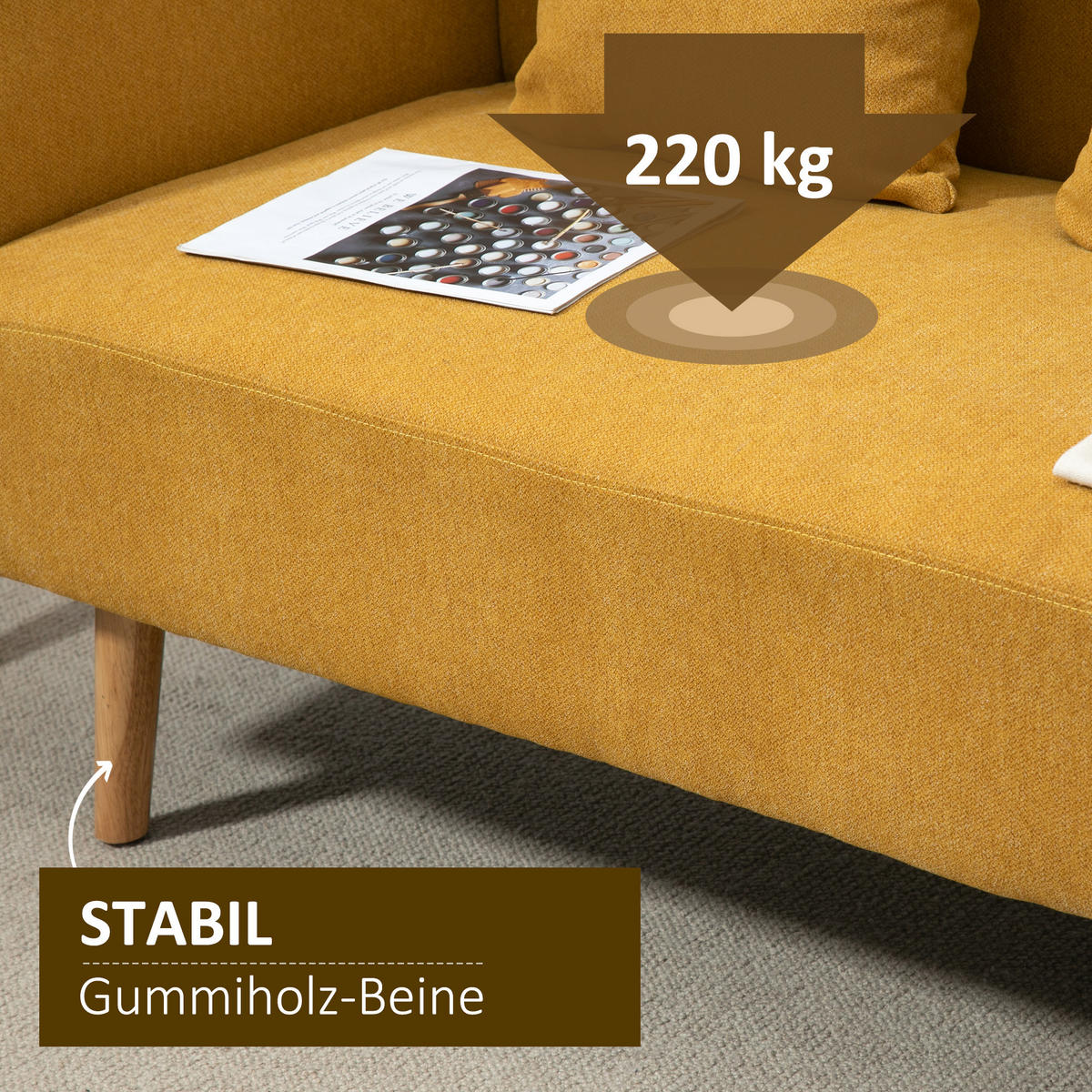 SOFA 2-Sitzer, Polyester Holz Natur+Gelb - Gelb/Naturfarben, Kunststoff (70/80/130cm) - HOMCOM
