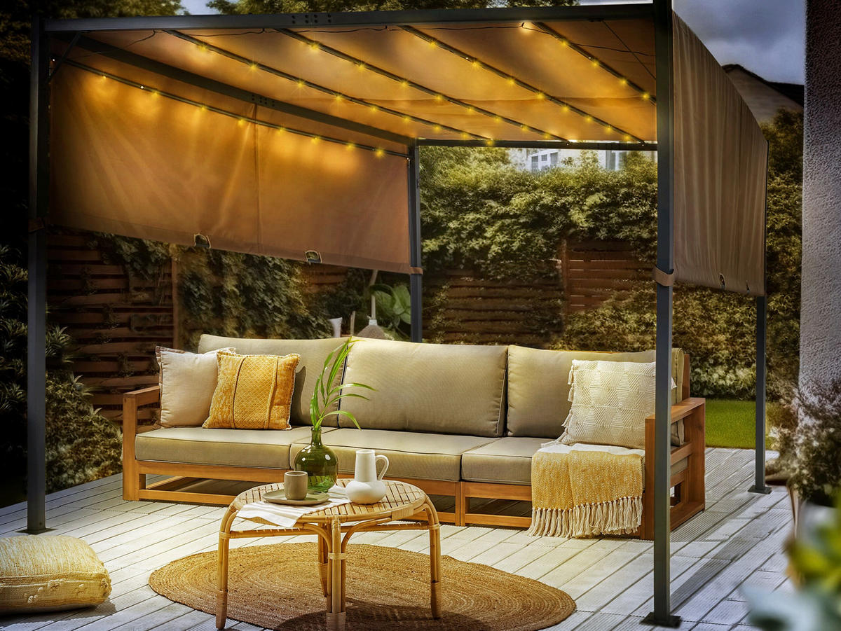 PERGOLA s LED osvětlením Ocel hnědá 310/310 cm Parga - černá/hnědá, kov (310/215/310cm) - Beliani