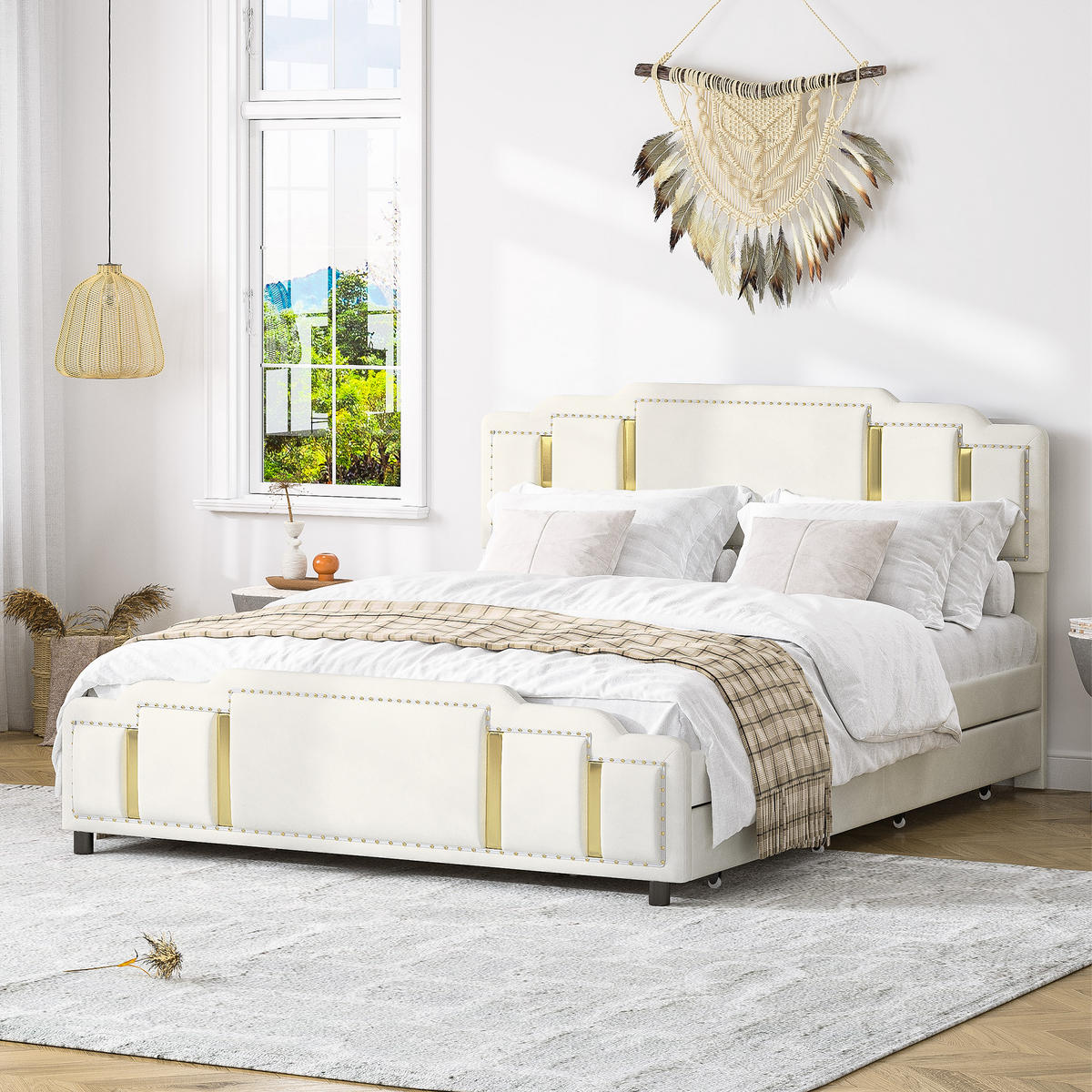 POLSTERBETT 160/200 cm Beige mit 2 Schubladen und LED-Ambientebeleuchtung - Beige, Textil (160/200cm) - Oxeza