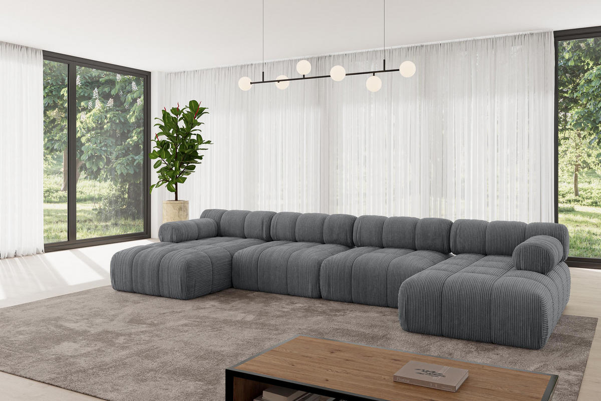 WOHNLANDSCHAFT modulares Sofa Tesso-U2 - 380x160x70 cm Dunkelgrau Cord - Dunkelgrau, Holzwerkstoff/Textil (380/70/160cm) - ALTDECOR