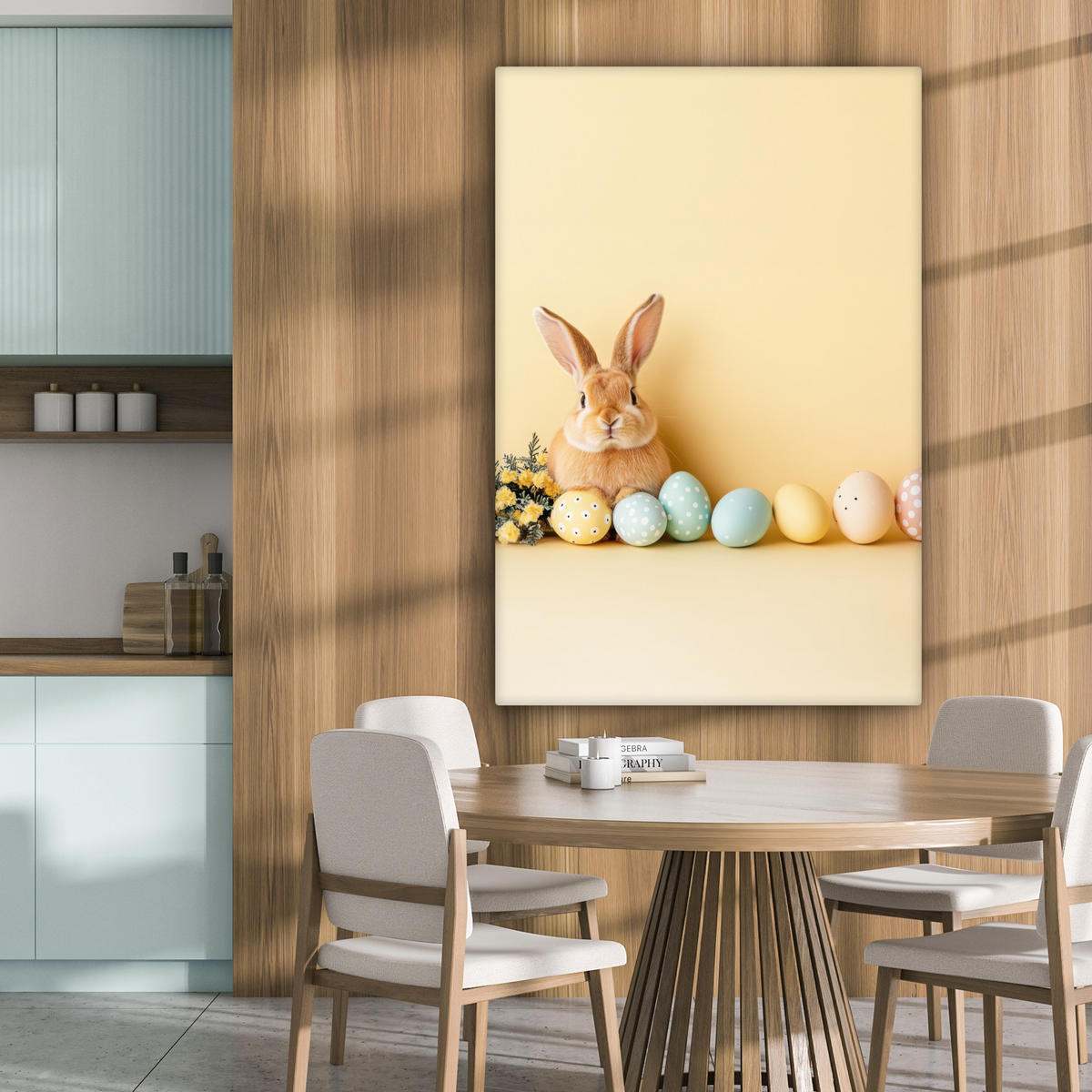 LEINWANDBILD Eier - Kaninchen - Pastellfarbtöne Deko Groß 90x140 cm - Hellgelb, Textil (90/140cm) - MuchoWow