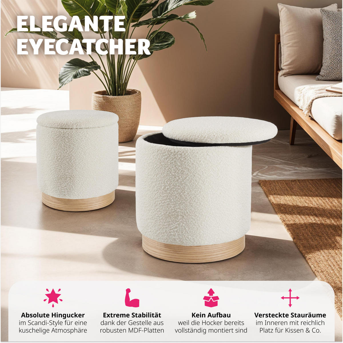 SITZHOCKER 2er Set mit Stauraum Orchide,Gestelle aus MDF-Platten,creme - Creme, Holz (38/42/38cm) - tectake