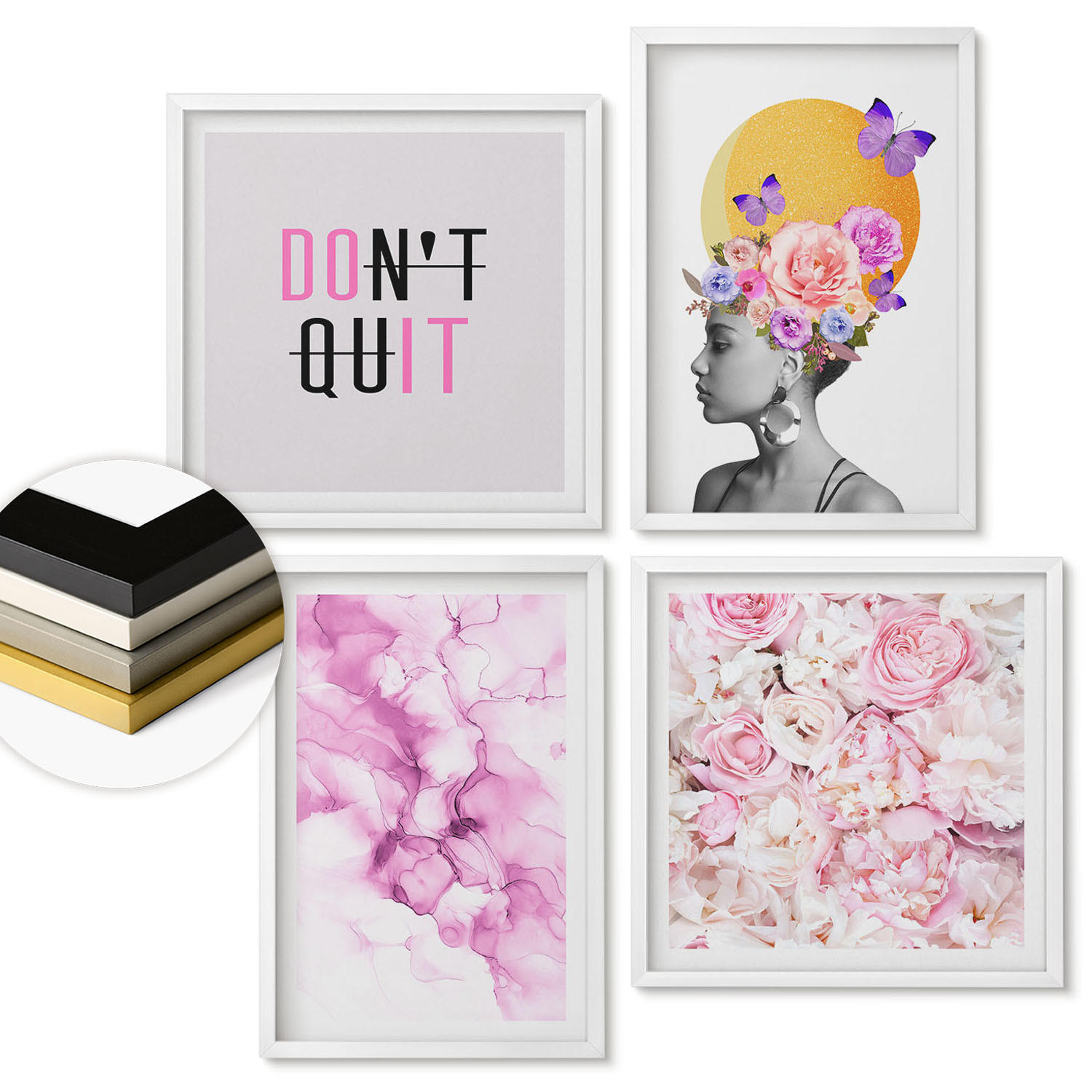 WANDBILDER 4er-Set - 50x50 cm & 40x60 cm Weißer Rahmen - Abstraktes Blumenporträt einer Frau - Weiß, Kunststoff (50/50cm) - ArtPrintCave