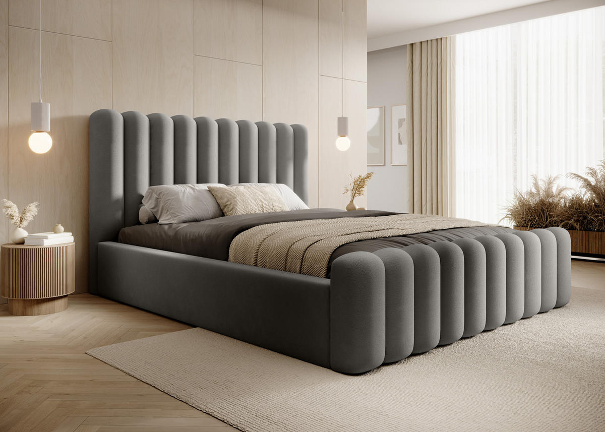 POLSTERBETT Modernes Mona VII Polsterbett, elegantes Kopfteil, Bettkasten, hochwertiger Abriamo-Stoff 160x200 cm, grau - Schwarz/Grau, Holzwerkstoff/Kunststoff (160/200cm) - DomoHome
